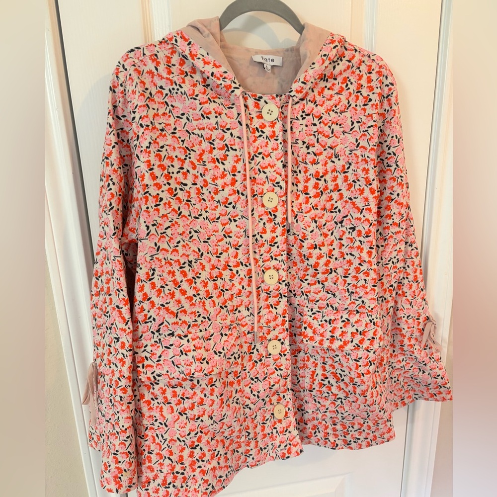 Fate women’s L Pink Floral Button Hooded Jacket 100% Cotton CottageCore